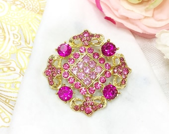 Pink Crown Brooch, Regal Rhinestone Royal Pin, Scarf Napkin Accessory #B435