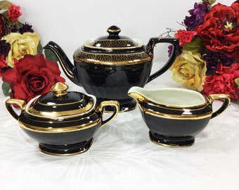Elegant Vintage Black and Gold Hall Teapot Creamer & Covered Sugar Bowl for Tea Time Tea Party, Baby Shower, Wedding, Gift