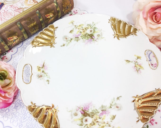 Gold Gilt Vintage Floral Sprays Scalloped Platter With Handles, Perfect for Tea Party Wedding Shower Tea Time #830