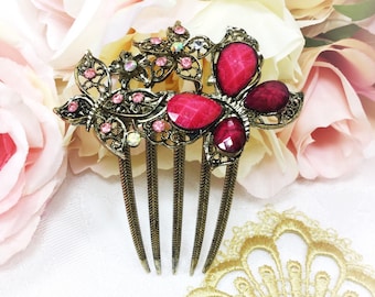 Dazzling Austrian Crystal Pink Butterfly Hair Comb, Victorian Hair Pin #A84