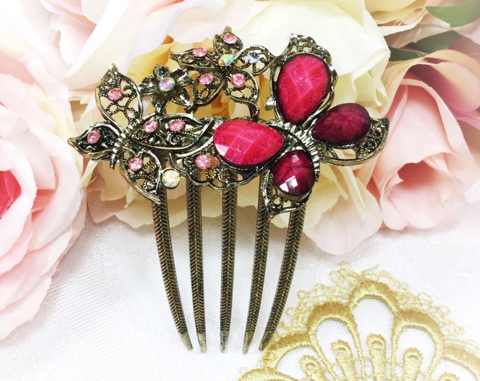 Dazzling Austrian Crystal Pink Butterfly Hair Comb, Victorian Hair Pin #A84