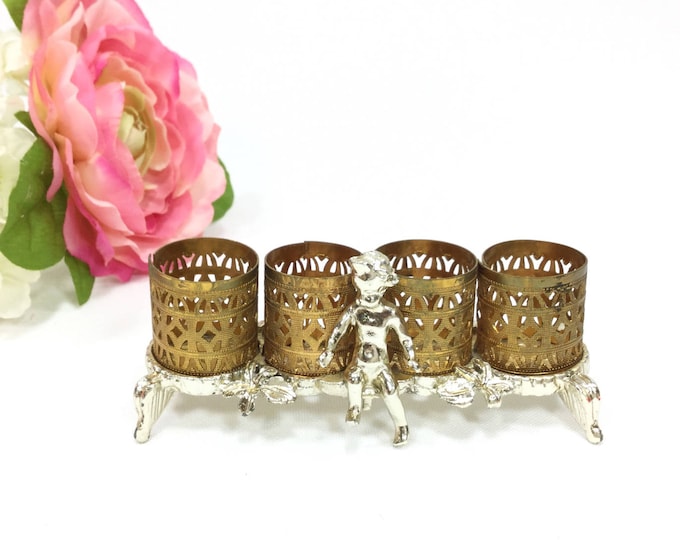 Signed Sam Fink Silver Gold Ormolu Cherub Lipstick Holder, Ormolu Cherub Lipstick Organizer, Sam Fink Ormolu Brush Holder #A835