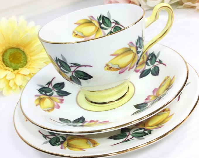 Clare Yellow Rose English Tea Trio, Bone China English Tea Cup, Saucer, Plate For Tea Time, Tea Party, Wedding. #A226