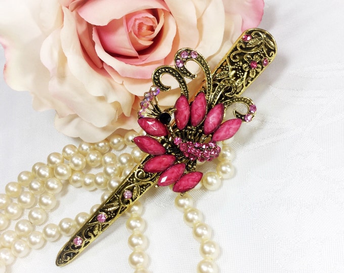 Large Pink & Antique Gold Colored Hair Clip Rhinestones #A40
