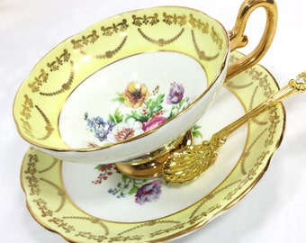 Regency Yellow Tea Cup & Saucer, English Fine Bone China Tea Set, for Wedding, Shower, Tea Time, Bridal, Tea Party, Gift #A242