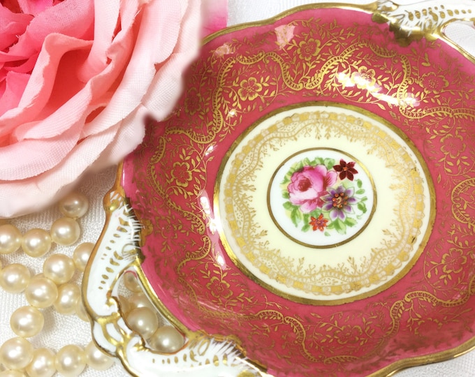 Vintage George Jones & Sons Bone China Trinket Dish, Pink Floral Gold Encrusted #A203