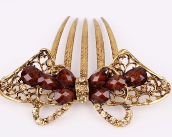 Austrian Crystal Brown & Gold Colored Hair Comb, Hair Pin #A357