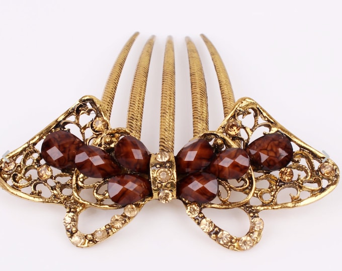 Austrian Crystal Brown & Gold Colored Hair Comb, Hair Pin #A357