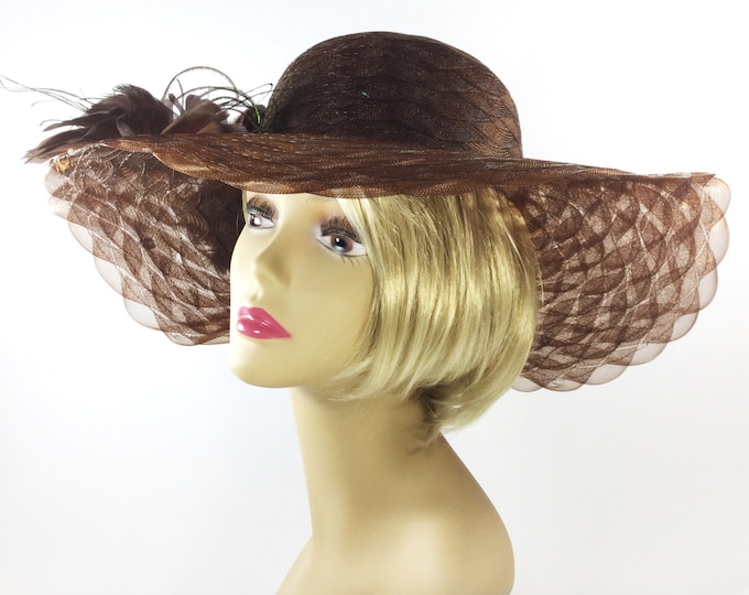 Textured Cappuccino Coffee Hat, Peacock Feather Headpiece, Tea Party Wedding Hat