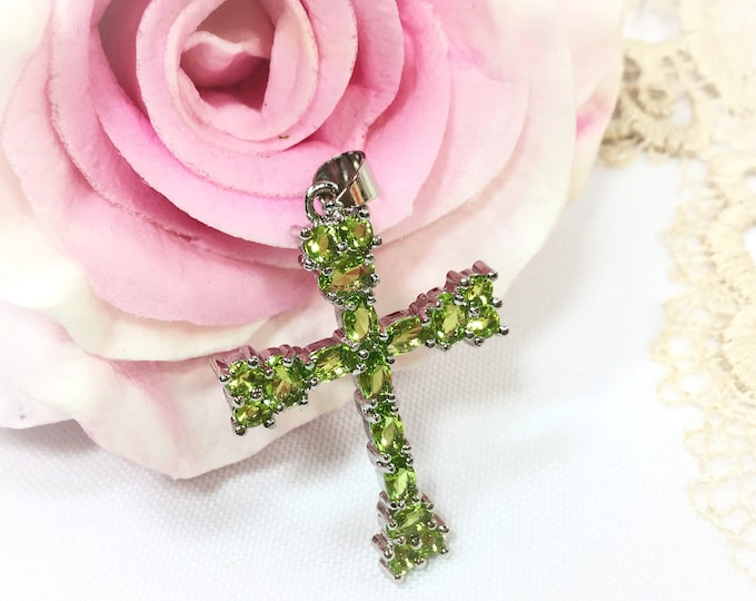 Peridot Cross Pendant, Sterling Silver 925 Religious Jewelry #A878