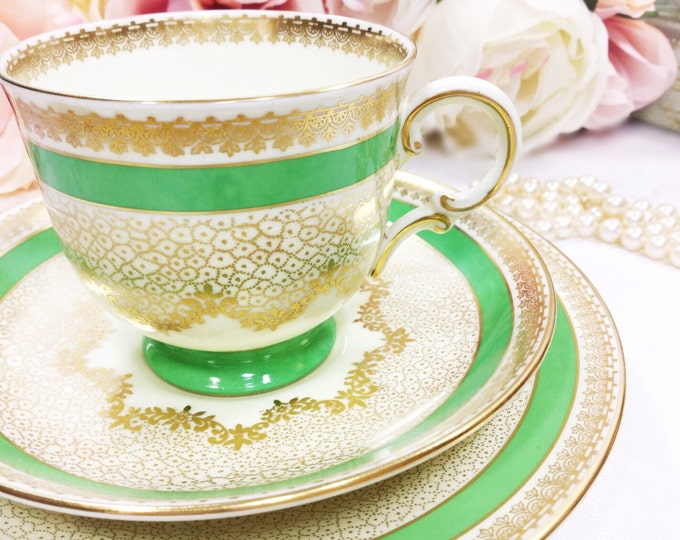 Tuscan English Tea Trio, Green & Gold Filigree Fine Bone China English Tea Cup, Saucer, Plate For Tea Time, Tea Party #A108