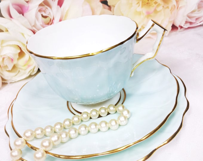 Aynsley English Bone China Tea Trio, Powder Blue Gold Accent Teacup Set #A129