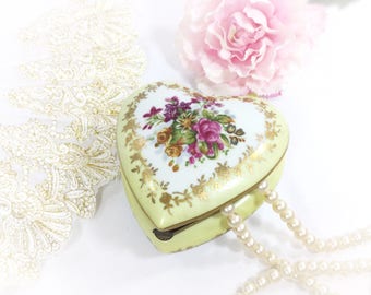 Vintage Yellow Heart Shaped Floral Trinket Box, Yellow Floral Ring Holder Gift, Boudoir Decor #A789