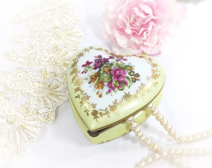 Vintage Yellow Heart Shaped Floral Trinket Box, Yellow Floral Ring Holder Gift, Boudoir Decor #A789