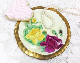 Vintage Handpainted Pink and Yellow Roses With Thick Gilt Border on Porcelain Trivet Hot Plate Plate Holder Tea Tile Tea Time, Party #715