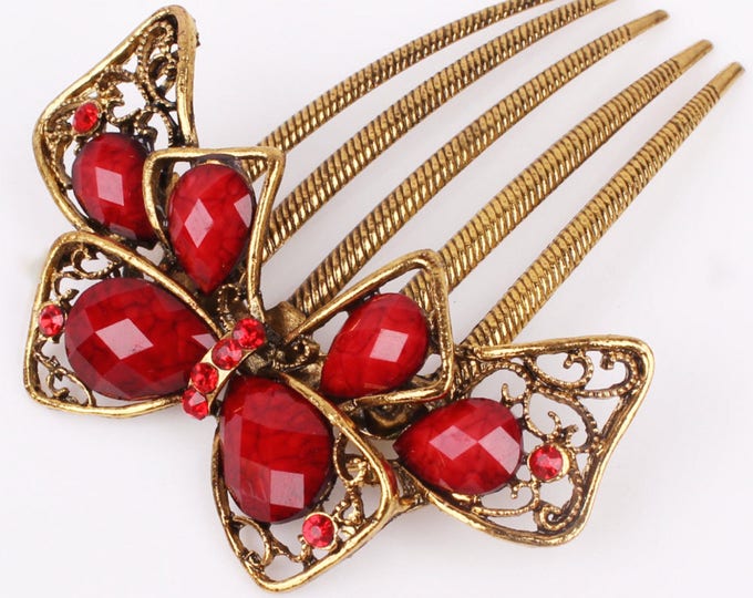 Victorian Red Crystal Gold Hair Comb, Decorative Hair Pin, Jewelry Accessory #A362