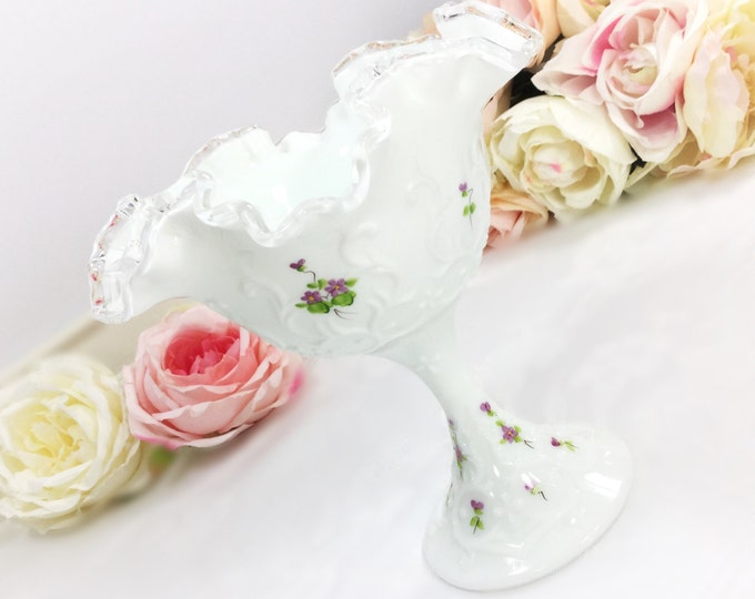 Fenton Spanish Lace Handpainted Silvercrest Compote, Violets in the Snow, Signed Fenton Candy Dish Ruffled Milk Glass Footed Compote #A233
