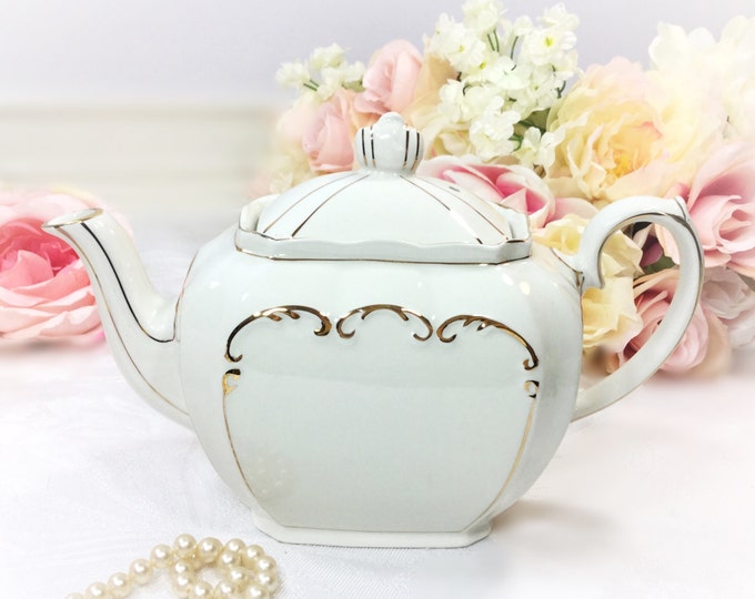 Vintage Sadler Cubed Teapot, White and Gold Filigree, Made in England #A296