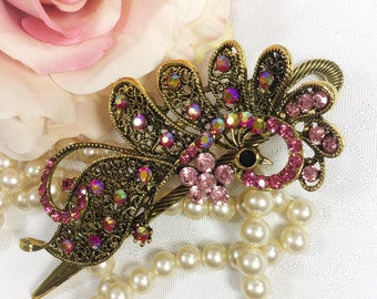 Antique Gold & Pink Rhinestone Peacock Hair Clip Rhinestones #A52