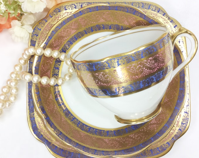 Roslyn China Gold Encrusted English Tea Trio, Gold Floral Filigree English Bone China English Tea Cup, Saucer, Plate, Tea Party #A433