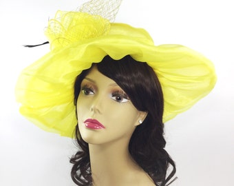 Yellow Organza Tea Party Hat, Feathered Veil Accent, Summer Millinery Accessory #A171