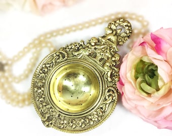 Antique Italian Brass Cherub Tea Strainer, Baroque Ornate Cherub Design #A600