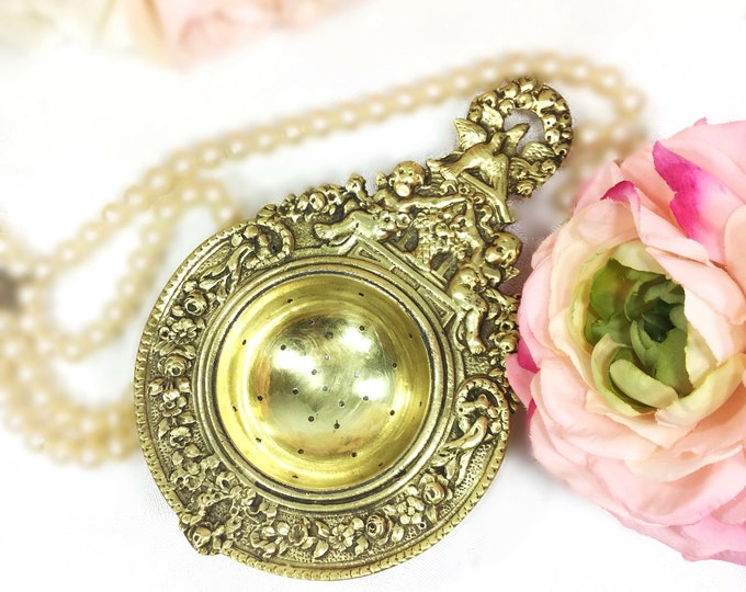 Antique Italian Brass Cherub Tea Strainer, Baroque Ornate Cherub Design #A600