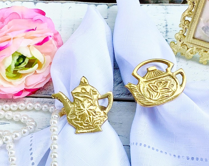 Set of 6 Solid Brass Teapot Napkin Rings, Tea Party Decor #B772