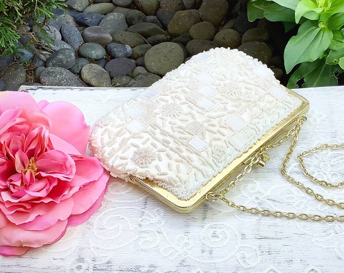 Vintage Ivory Beaded Evening Bag, Ivory Beaded Hand Bag, Ivory Vintage Purse, White Vintage Hand Bag #B641