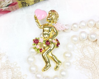 Gold Cherub Brooch with Pink Heart, Vintage Angel Pin, Valentine's Day Accessory