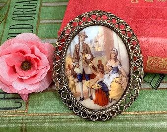 Victorian Scenic Portrait Brooch, Framed Art Jewelry, Vintage Oval Clasp #B582