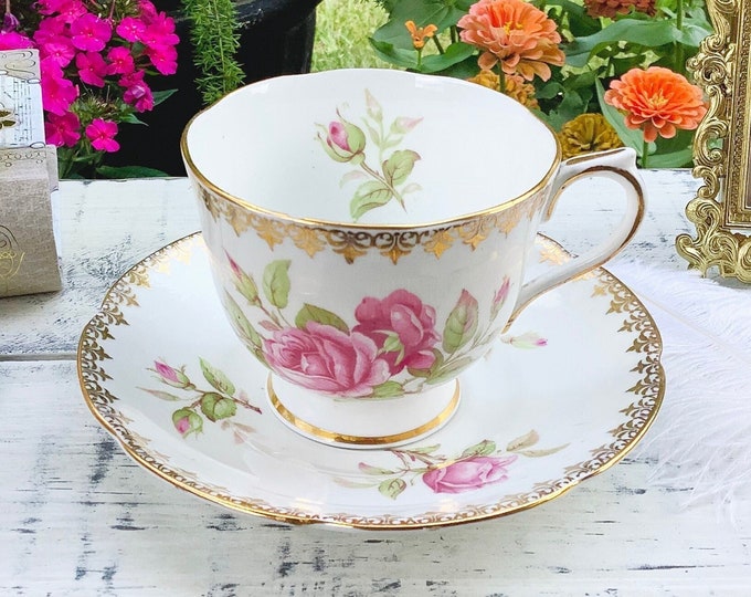 Collingwoods Rose Teacup and Saucer, Rose Bone China Tea Set, Pink Rose English Tea Set #B677