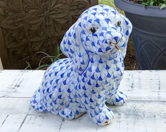 Herend-Style Blue Fishnet Dog Figurine, Chinoiserie Dog #B751