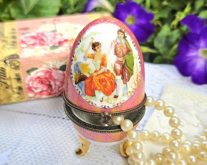 Handpainted Limoges Egg Trinket Box, Rococo Egg, Faberge-Style Egg, Courting Scene #B761