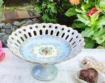 Powder Blue Betson Hand Painted Reticulated Pedestal Dish #B768