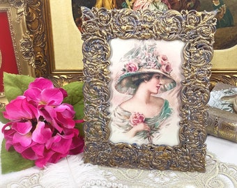 Vintage Gold Filigree Picture Frame, Distressed Blue Accents #B621