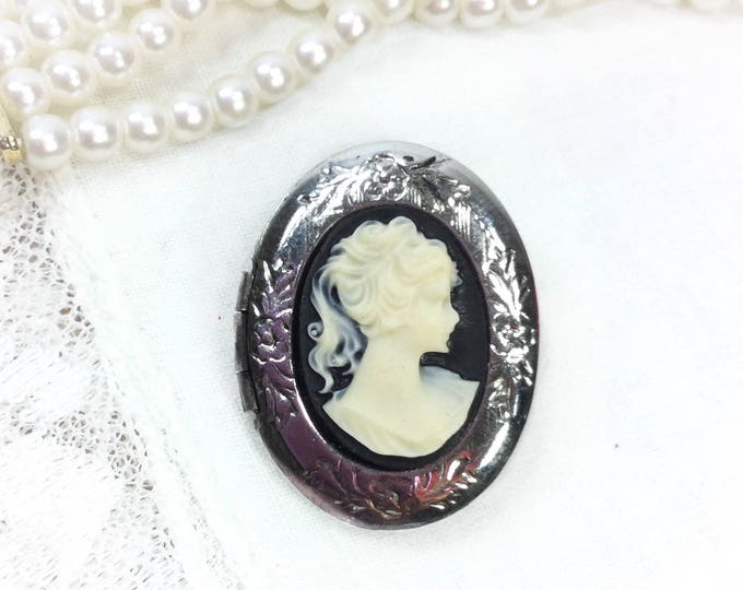 Vintage Black Cameo Locket Brooch, Victorian Inspired Pendant Accessory #B117