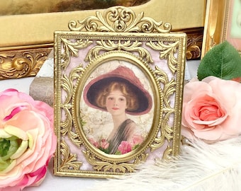 Italian Picture Frame, Pink Framed Art, Framed Victorian, Gold Filigree Picture Frame #B602