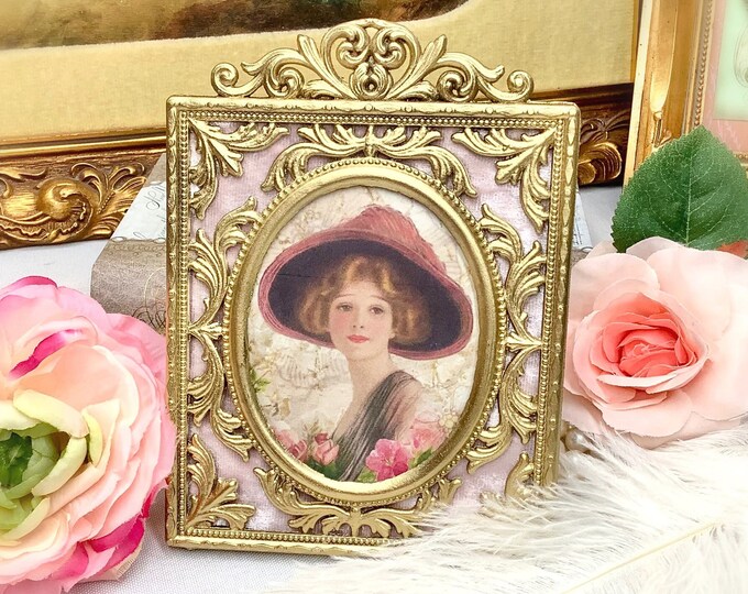 Italian Picture Frame, Pink Framed Art, Framed Victorian, Gold Filigree Picture Frame #B602