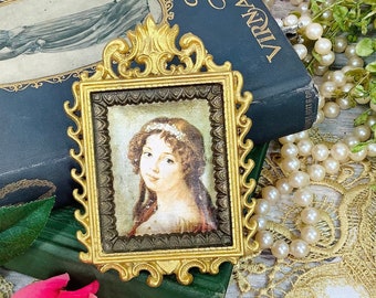 Framed Italian Satin Portrait, Satin Cameo Depose, Gold Filigree Frame #B541