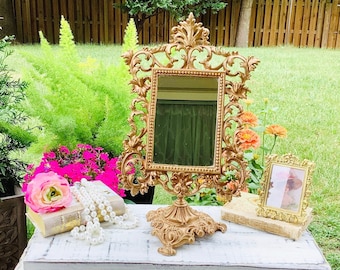 Vintage Gold Filigree Tabletop Mirror, French Rococo Style Vanity Mirror #B738