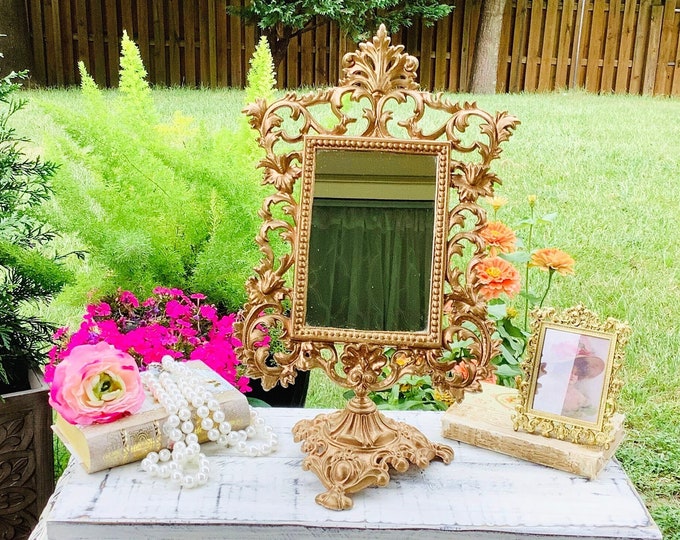 Vintage Gold Filigree Tabletop Mirror, French Rococo Style Vanity Mirror #B738