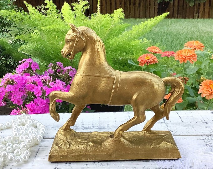 Vintage Gold Metal Horse Statue, Vintage Equestrian Statue, Equine Decor, Southern Horse # B661