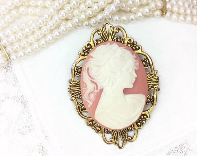Vintage Pink Oval Cameo Brooch, Victorian Lady Pin, Ornate Gold Tone Accessory #B129