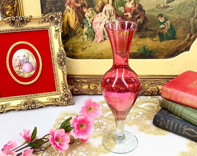 Vintage Tall Cranberry Vase, Ruby Flower Vase, Cranberry Art Glass, Pink Tall Vase #B580