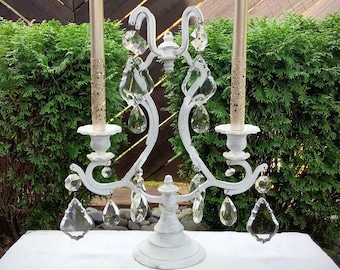 Distressed White Crystal Candelabra, Ornate Victorian Decor #B662