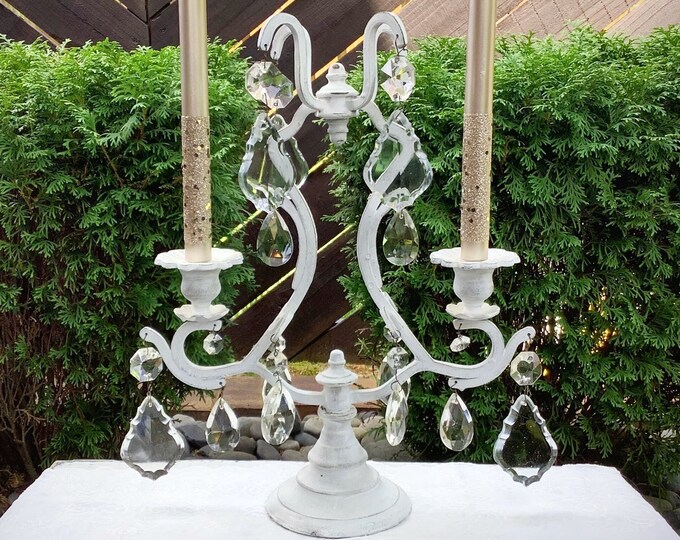 Distressed White Crystal Candelabra, Ornate Victorian Decor #B662