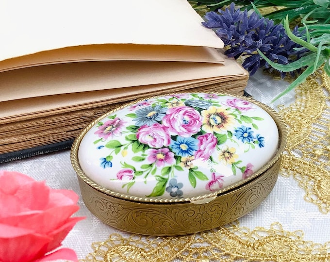 Vintage Italian Floral Pill Box, Ornate Boudoir Snuff Box