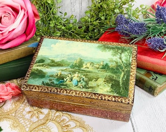 Vintage Florentine Gold Leaf Trinket Box, Italian Portrait Box #B560