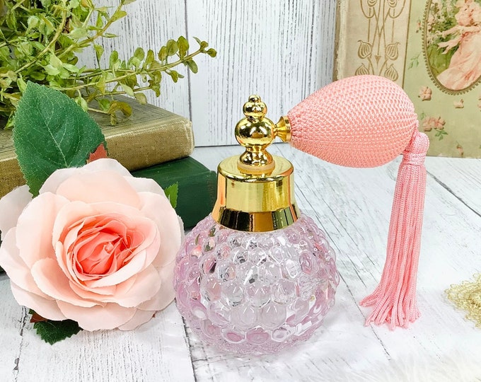 Beautiful Pink Diamond Cut Perfume Atomizer, Pink Perfume Spray Bottle for Vanity Decor or Boudoir Decor, Hollywood Regency #A552